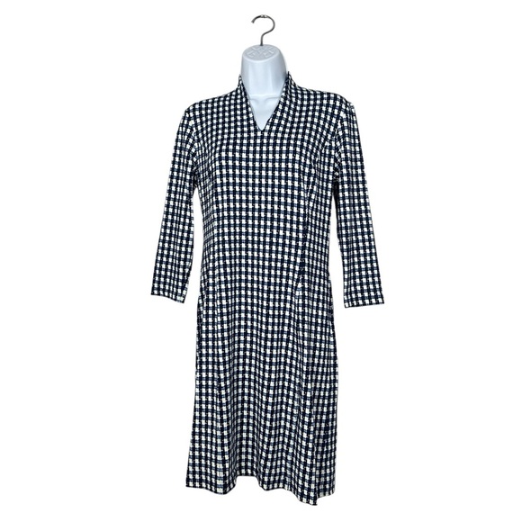 J. McLaughlin Ivana Dress Small Catalina Cloth Navy Off White Check 3/4 Sleeve - Picture 13 of 13